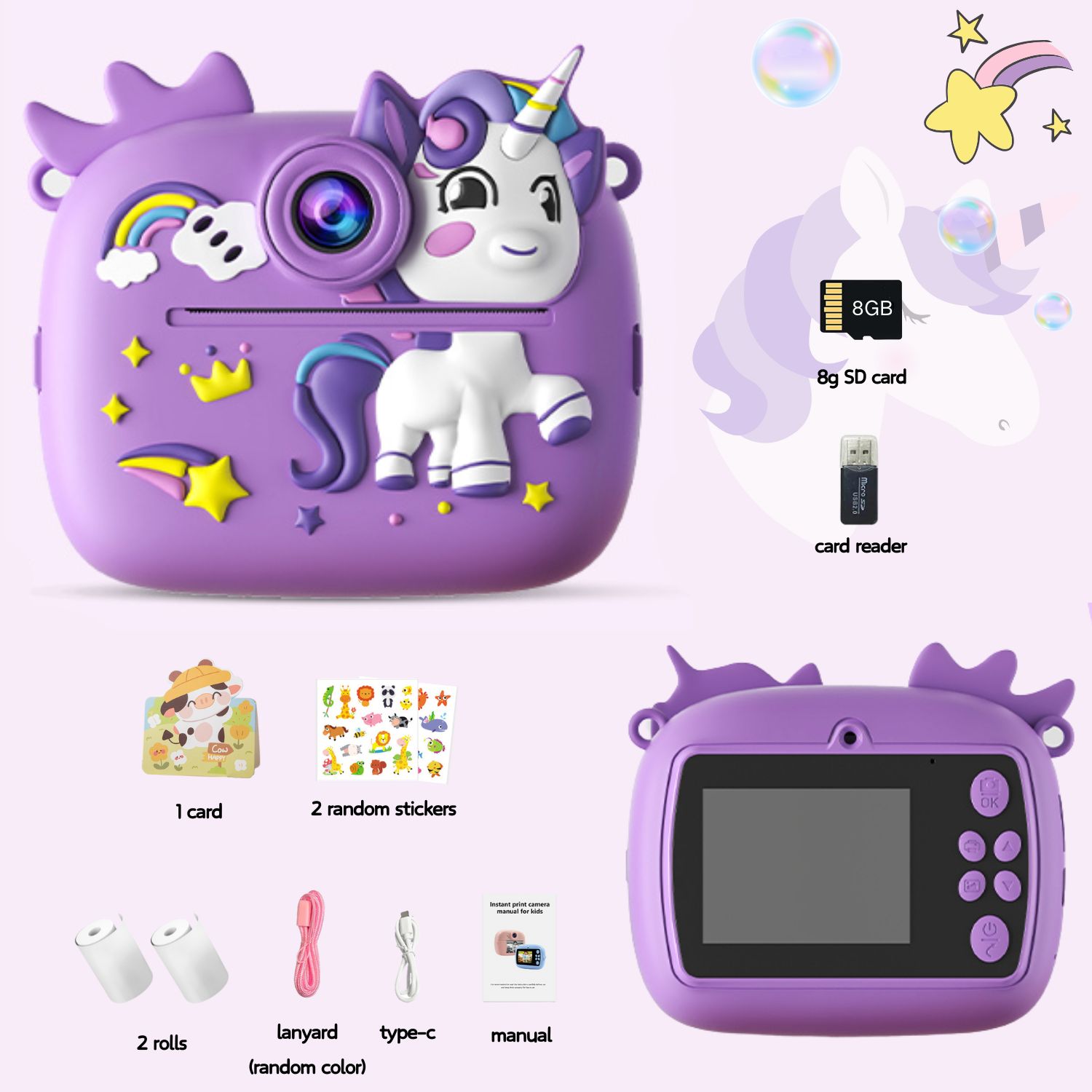 Photography Close Up - 紫色のかわいい子供用カラフルインスタントプリント小型カメラ、SDカード付き、写真用紙付き小型ビデオプリントカメラ、男の子女の子へのプレゼント