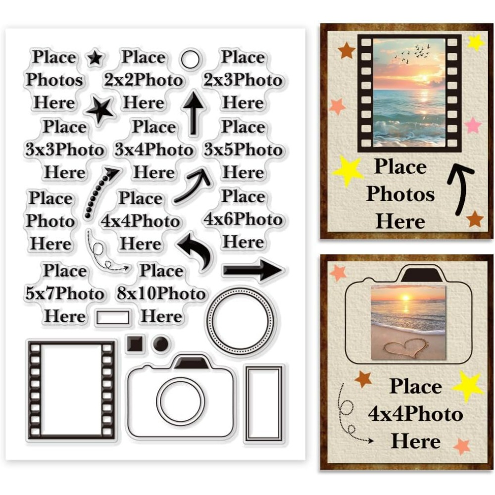 Photography Exhibition - ここに写真を置きます クリアスタンプ 矢印 シリコーンカメラ ラバー画像フレーム 透明な画像サイズシール