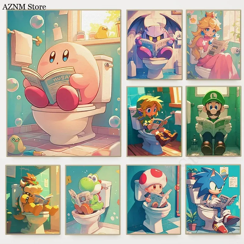 Photography Exhibition - 面白いバスルーム漫画ビデオゲームポスターかわいいアニメーションキャラクタートイレキャンバス絵画壁アートシャワールーム子供の家の装飾