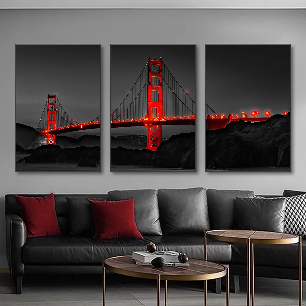 Photography Landscape - 3 個フレームレスポスターゴールデンゲートブリッジ夜景キャンバス絵画壁アートプリント写真リビングルームの家の装飾
