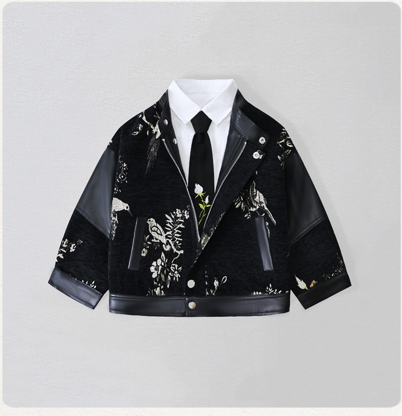 Photography Of The Year - 紳士風キッズ刺繍入りバイク用PUレザージャケット 男の子用 防水防風コート キッズクリスマス 新年写真撮影用ウェア
