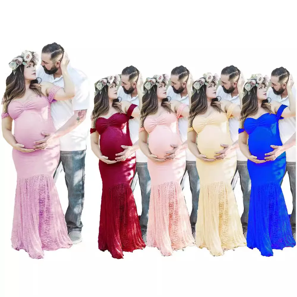Photography Word - ヨーロッパとアメリカの婦人服レース一言襟マタニティ半袖ドレス写真撮影フライングスリーブドレス