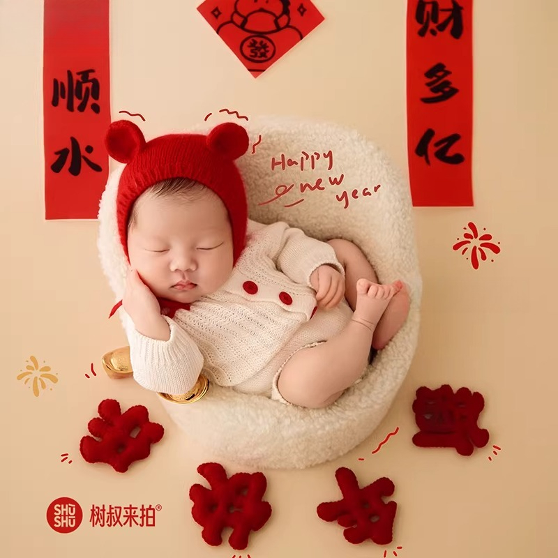 2026年馬年新生児写真撮影用小道具 白ニット衣装と赤い帽子 - Photography Of The Year のレビューと価格